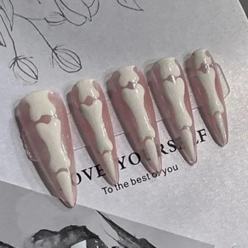Wenkouban-Helloween sminken 10Pcs Gothic Bones Handmade Press-On Nails Glossy Long Almond Full Cover Fake Nail Tip for Women&Girls Halloween,party Wear