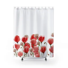 White Red Poppy  Shower Curtain, Floral Print Polyester Bathroom Curtains- Printed in USA